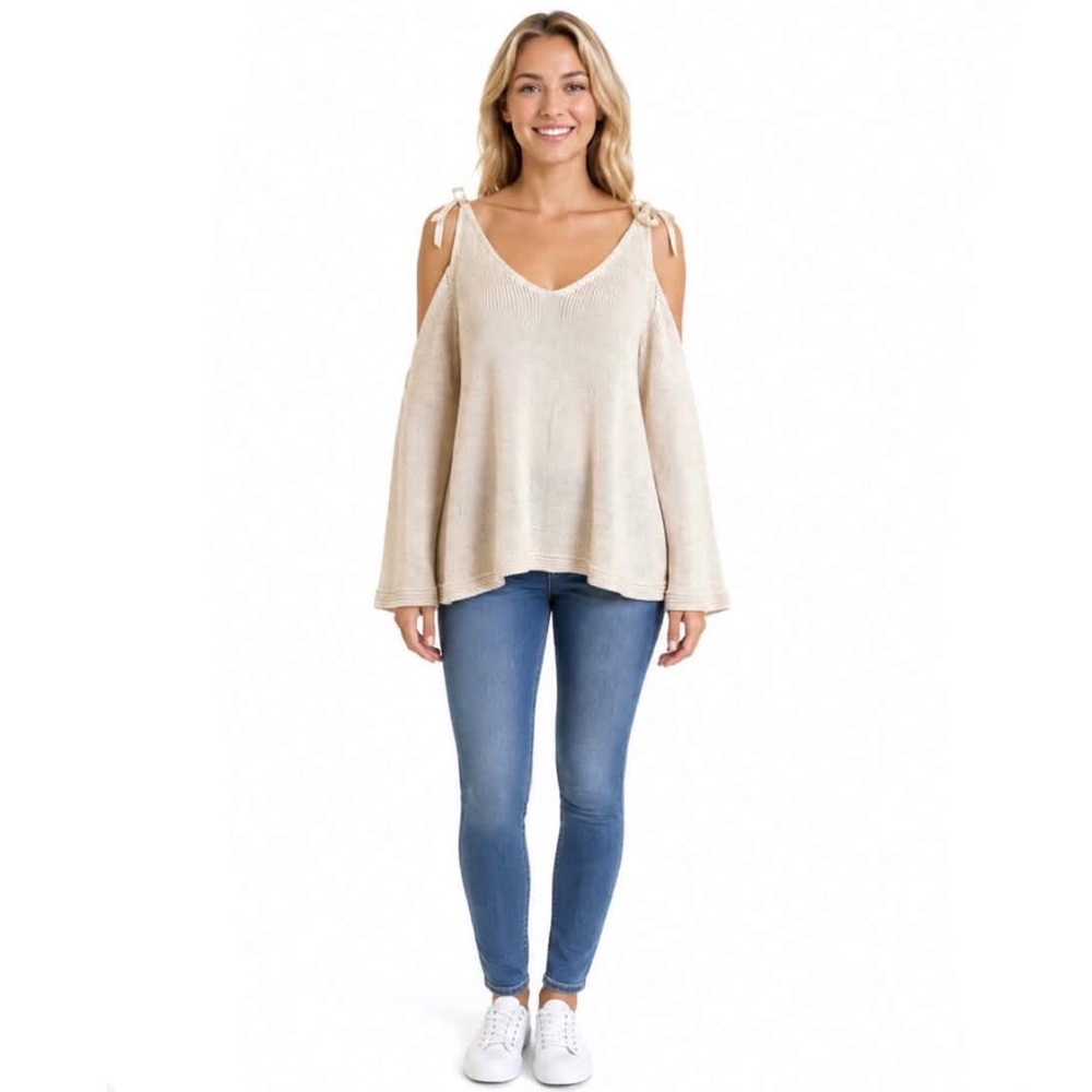Lauren Conrad Ribbon Tie Shoulder Boho Flare Sleeve Creamy Tan Sweater Large
